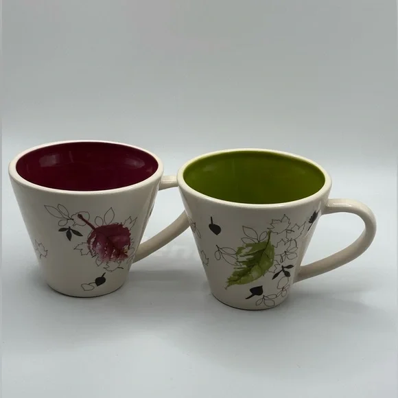 Two Starbucks 2007 Ceramic Falling Leaves Mugs Red and Green 8 oz - Picture 2 of 15